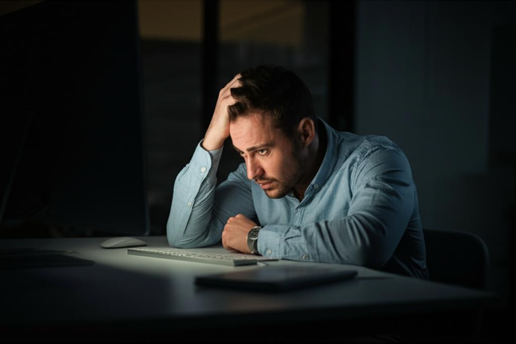 A tired office worker slumped at their desk late at night, illuminated by the glow of the computer screen.