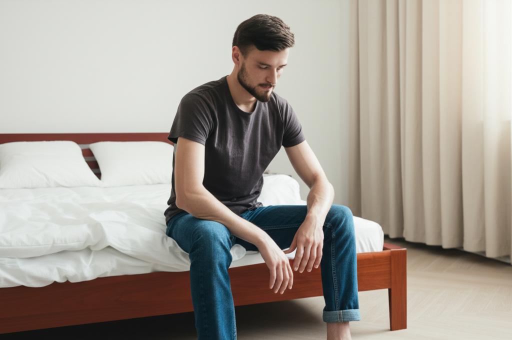 A sad man sitting on the edge of the bed, looking down.