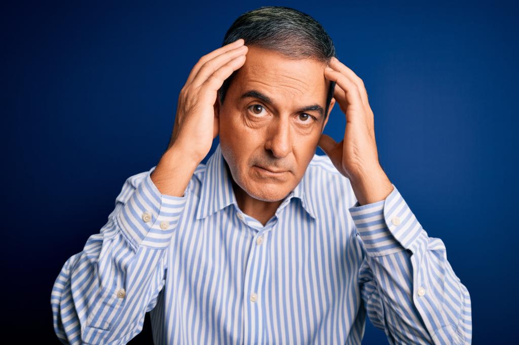 Middle-aged man looking worried and stressed, holding his head.