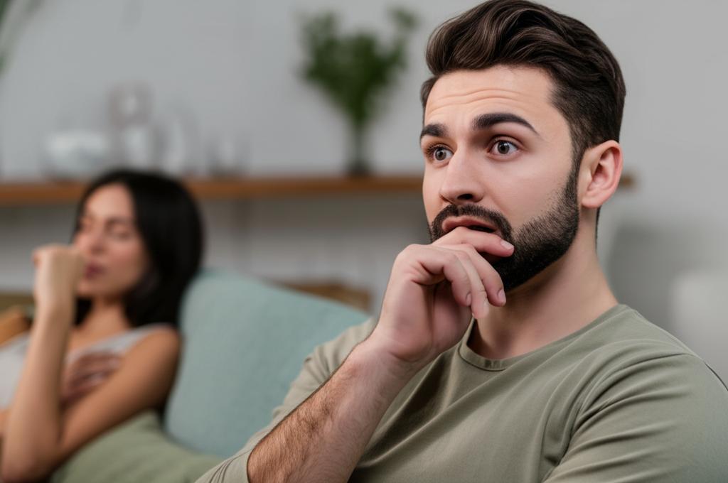 AI prompt: A thoughtful man looking slightly concerned, sitting on a couch with a partner nearby, soft lighting