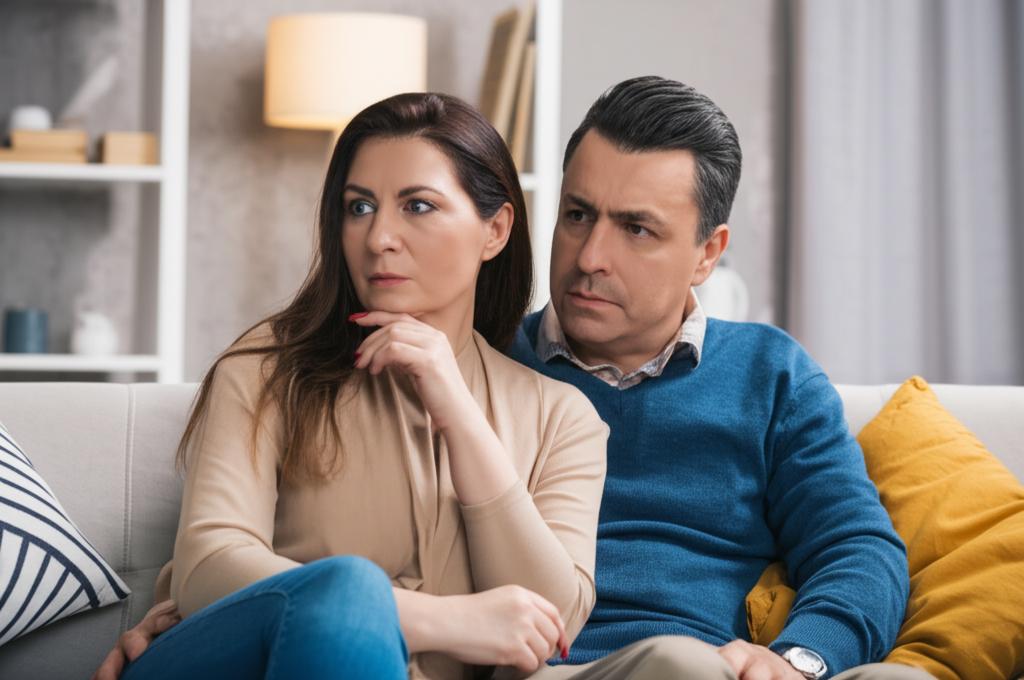 Middle-aged couple sitting on a sofa, looking thoughtful or slightly distant, conveying a sense of unspoken issues in their relationship. Soft, warm lighting.