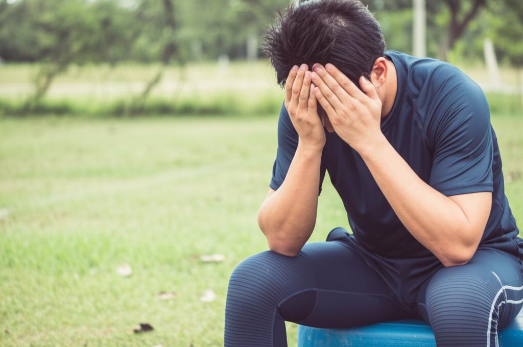 man feeling tired after workout, sitting on bench, thoughtful expression, realistic photo