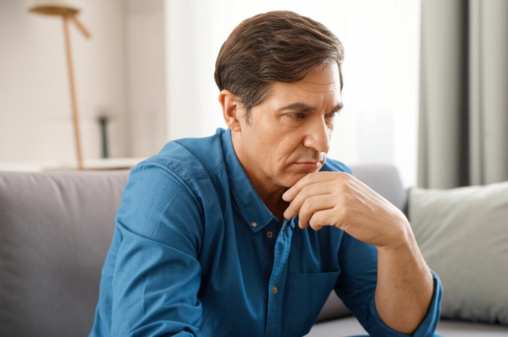 Middle-aged man looking pensive, sitting on a sofa, thinking about relationship challenges.