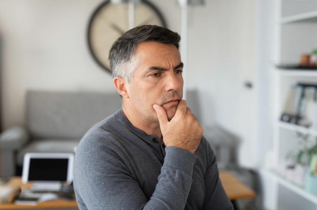 Middle-aged man looking thoughtful, slightly concerned, in a relatable setting