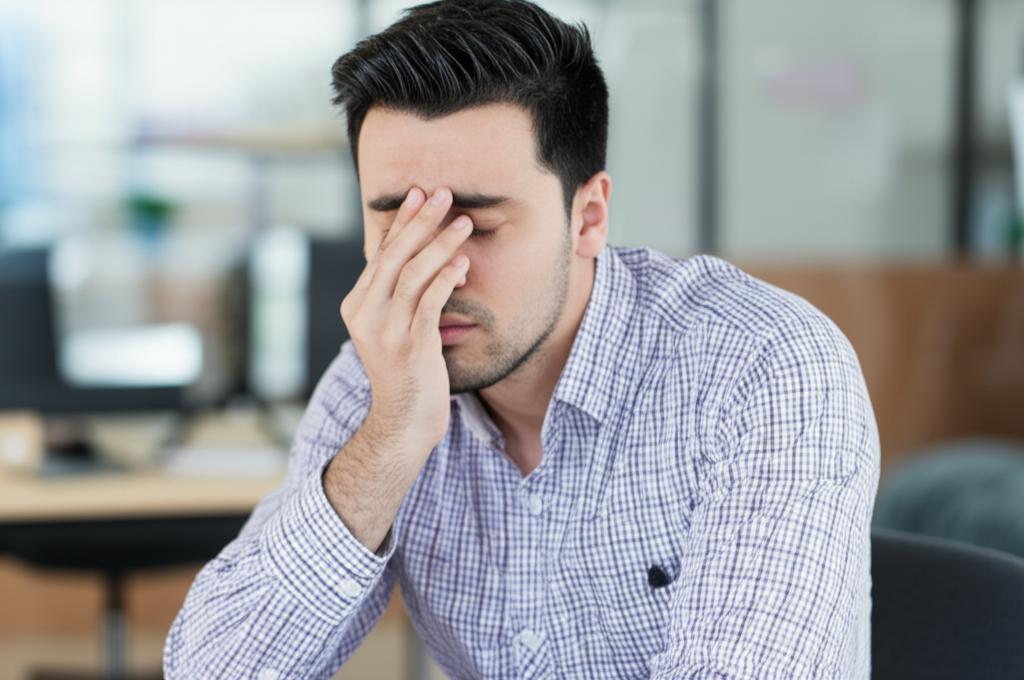 man looking tired and stressed at office desk with blurred background