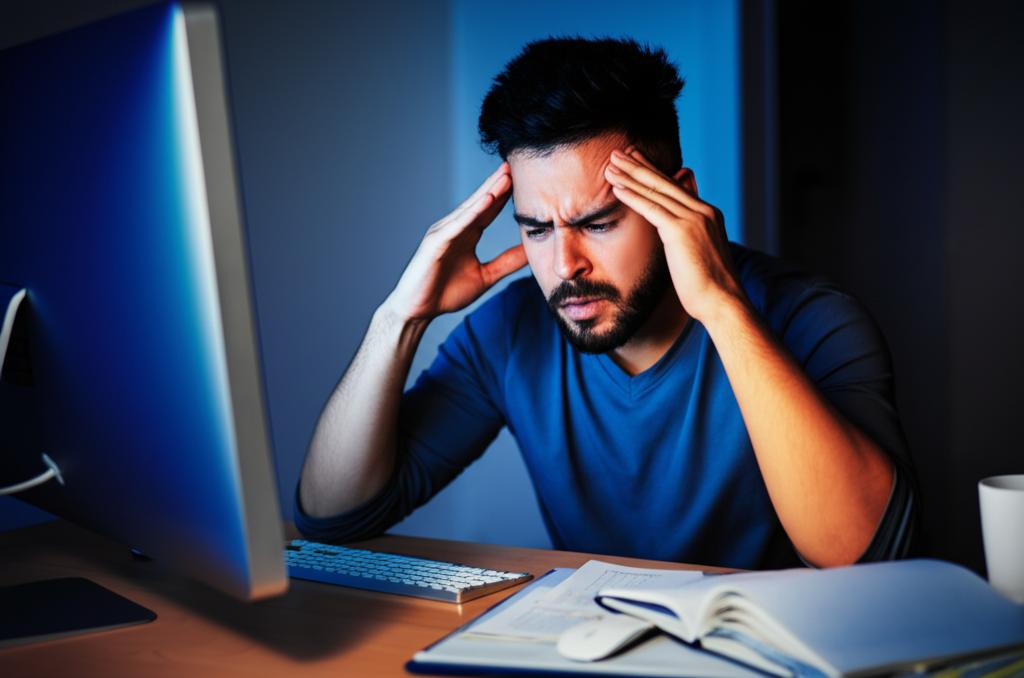 a man sitting at his desk looking tired and stressed, surrounded by paperwork and a computer screen. He is rubbing his temples and has dark circles under his eyes. The lighting is dim and the overall mood is one of exhaustion.