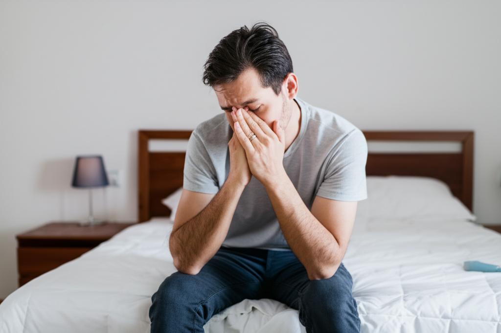 A man sitting on a bed looking stressed and thoughtful, with a wedding ring visible, soft lighting, realistic style AI prompt