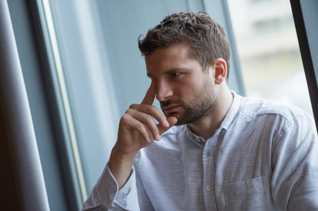 pensive man looking out window
