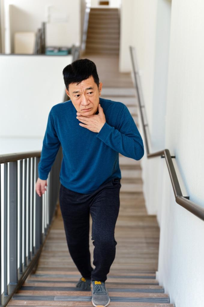 Middle-aged Asian man slightly out of breath climbing a few stairs, looking tired, realistic photo