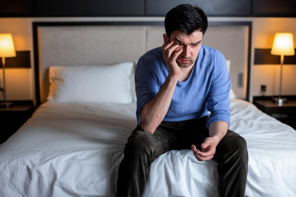 man looking worried and tired sitting on a bed, relationship stress, low energy