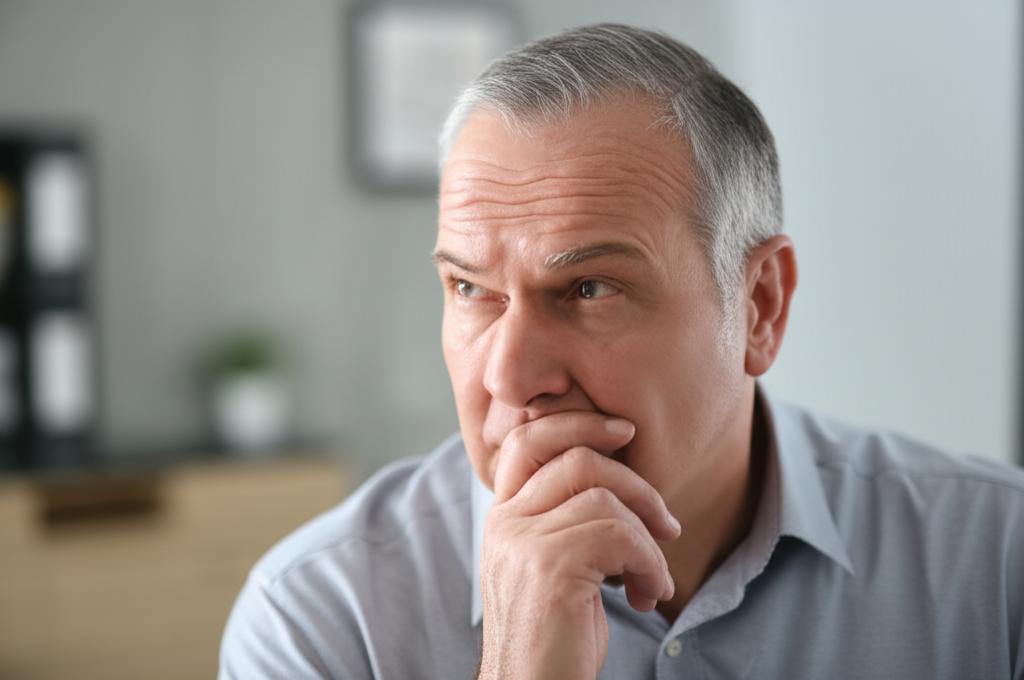 Middle-aged man looking worried, thinking about past energetic days, soft lighting, realistic photo