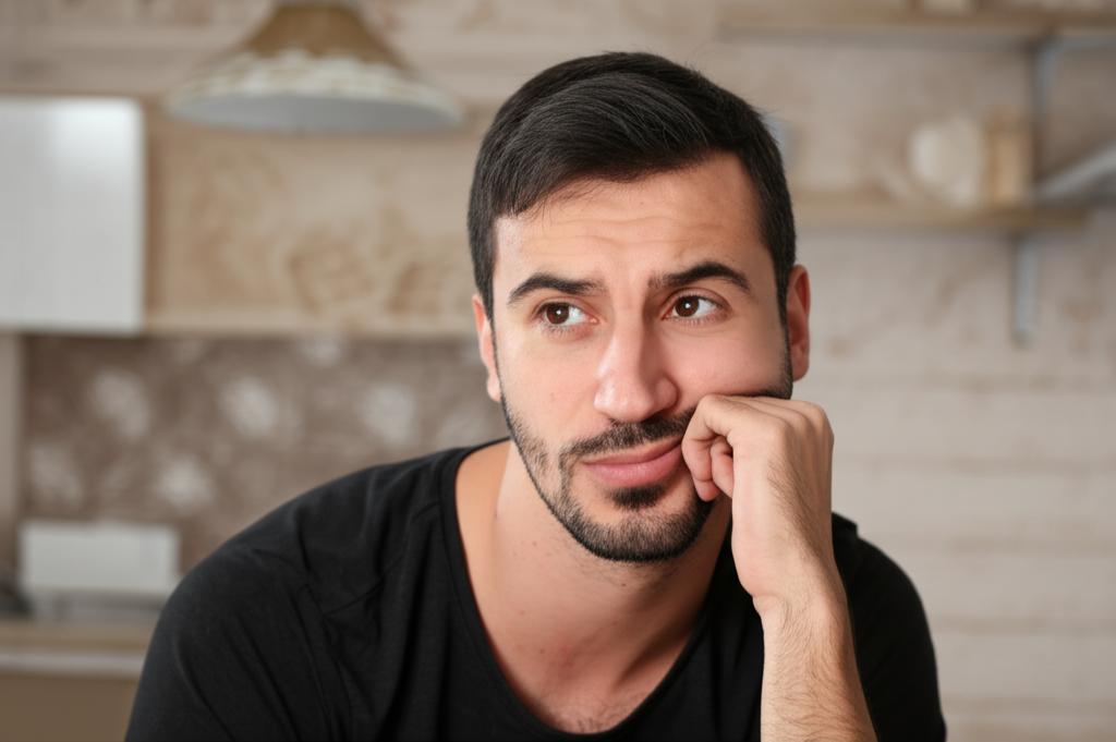Man looking thoughtful or slightly worried, perhaps in a relationship context