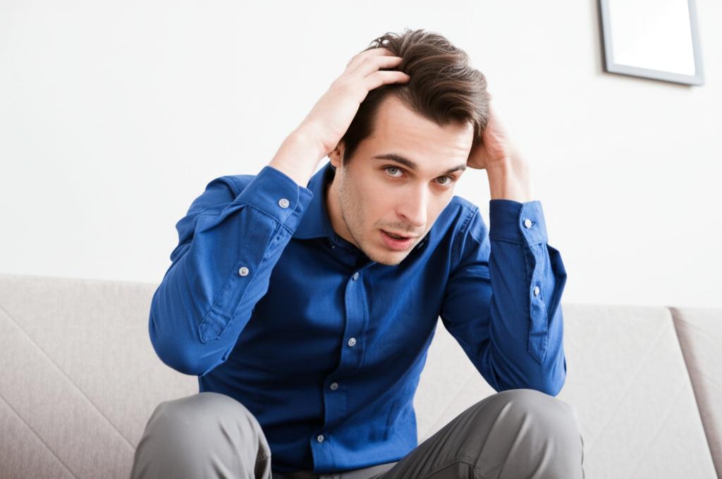 A young man sitting on a sofa looking tired and stressed, holding his head in his hands.