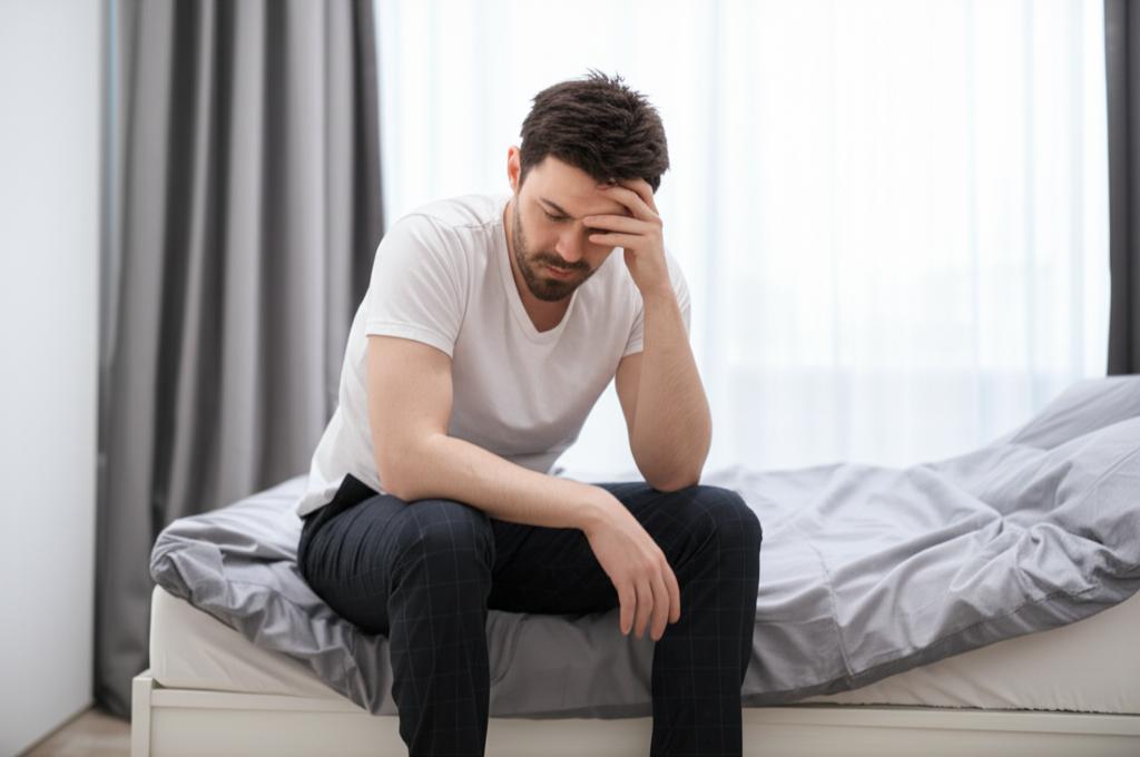 A tired man sitting on the edge of the bed, looking stressed and unhappy.