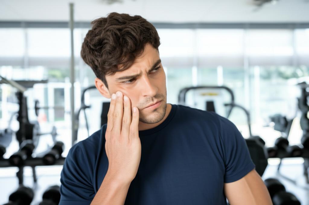 Worried man in gym, thinking about performance issues