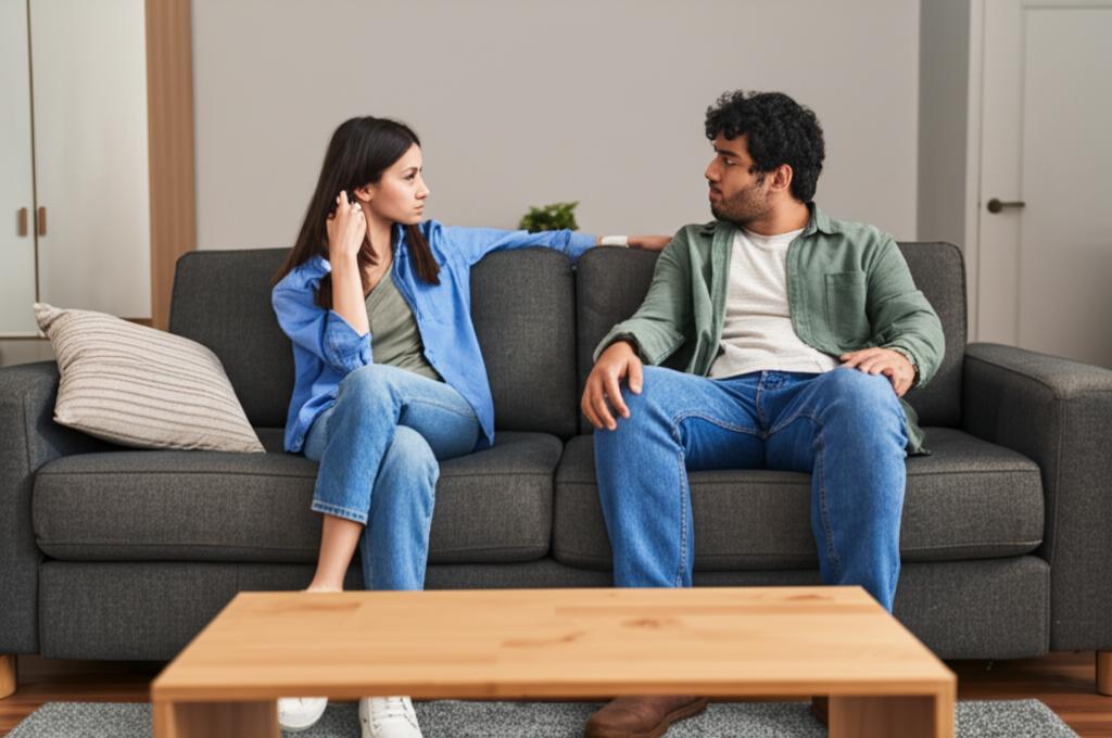 a couple sitting on the couch, looking at each other with concern, low saturation