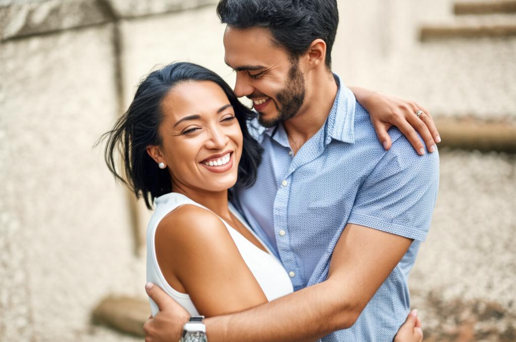 A smiling couple hugging each other intimately.