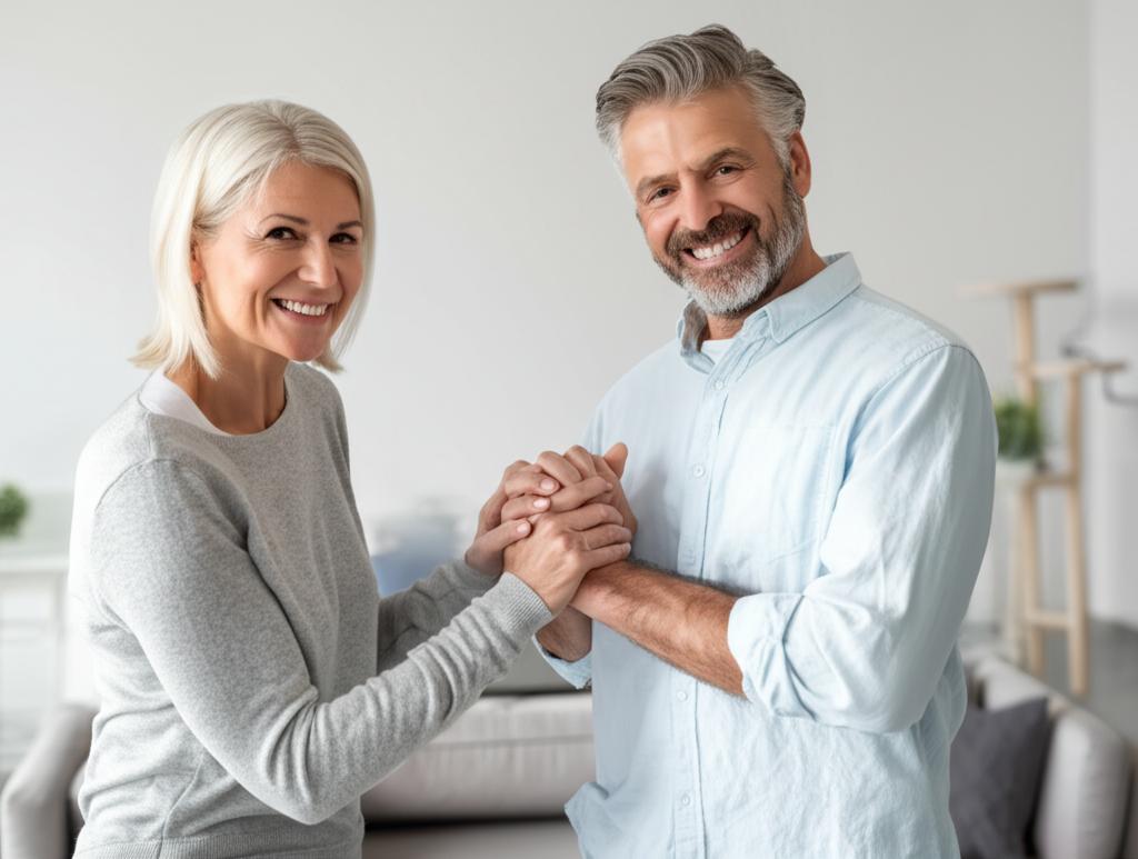 Happy middle-aged couple smiling and holding hands, representing improved intimacy.