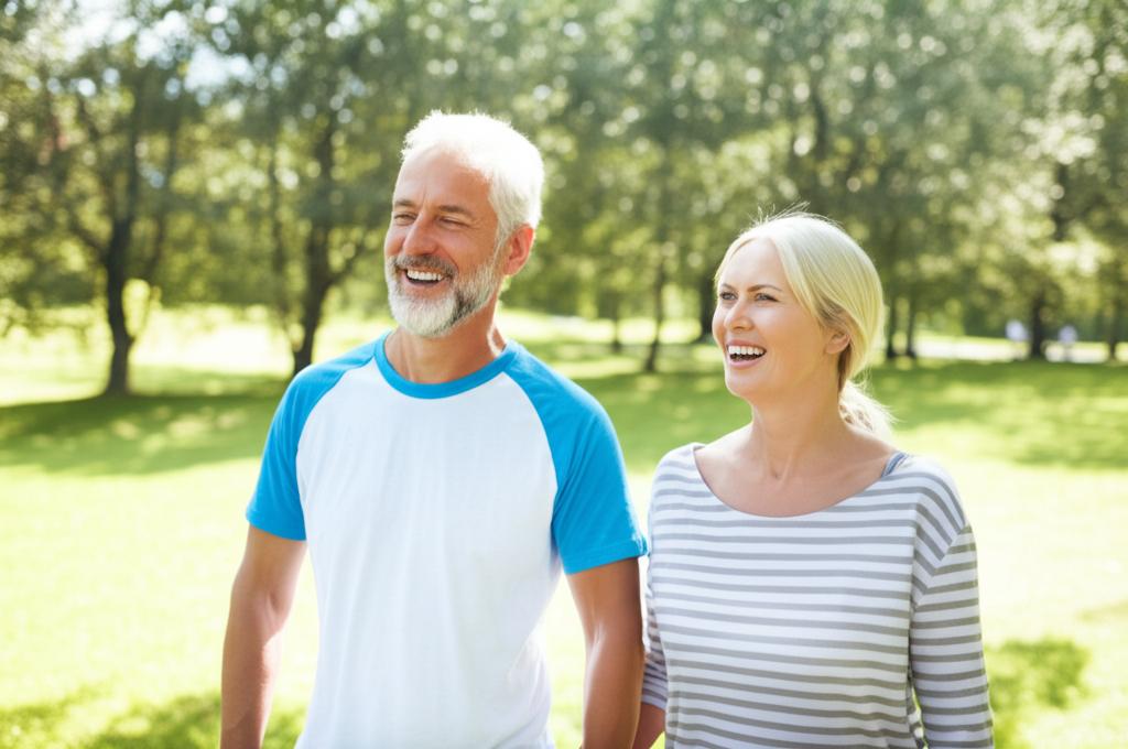 Middle-aged couple smiling and holding hands while walking in a park, looking happy and connected, symbolizing improved relationship and vitality.