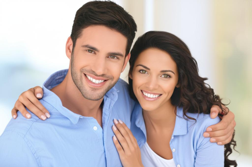 man smiling confidently, arm around partner, happy relationship, realistic photo