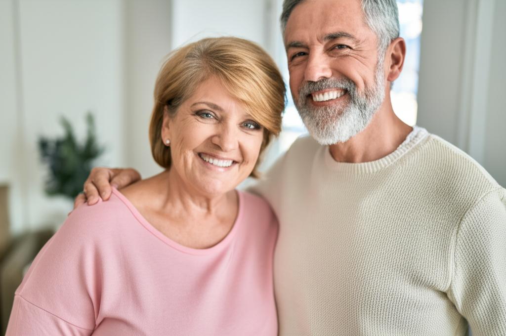Middle-aged couple looking happy and connected, smiling warmly.
