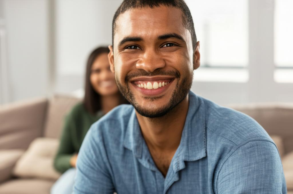 Man smiling confidently, perhaps with a partner in the background (subtle)