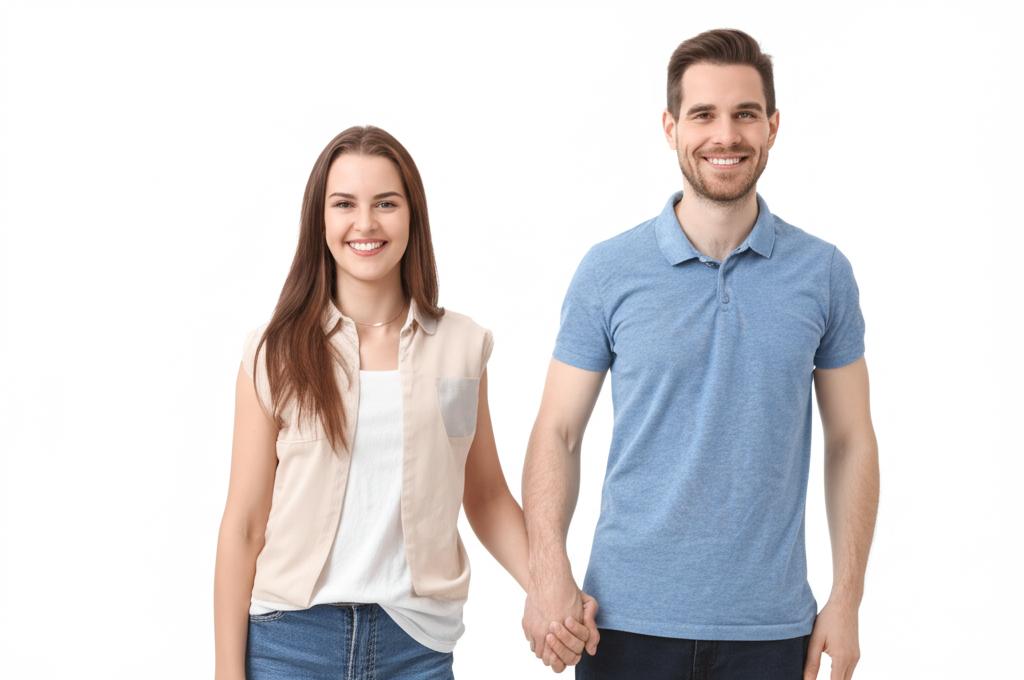 happy couple holding hands and smiling, looking confident