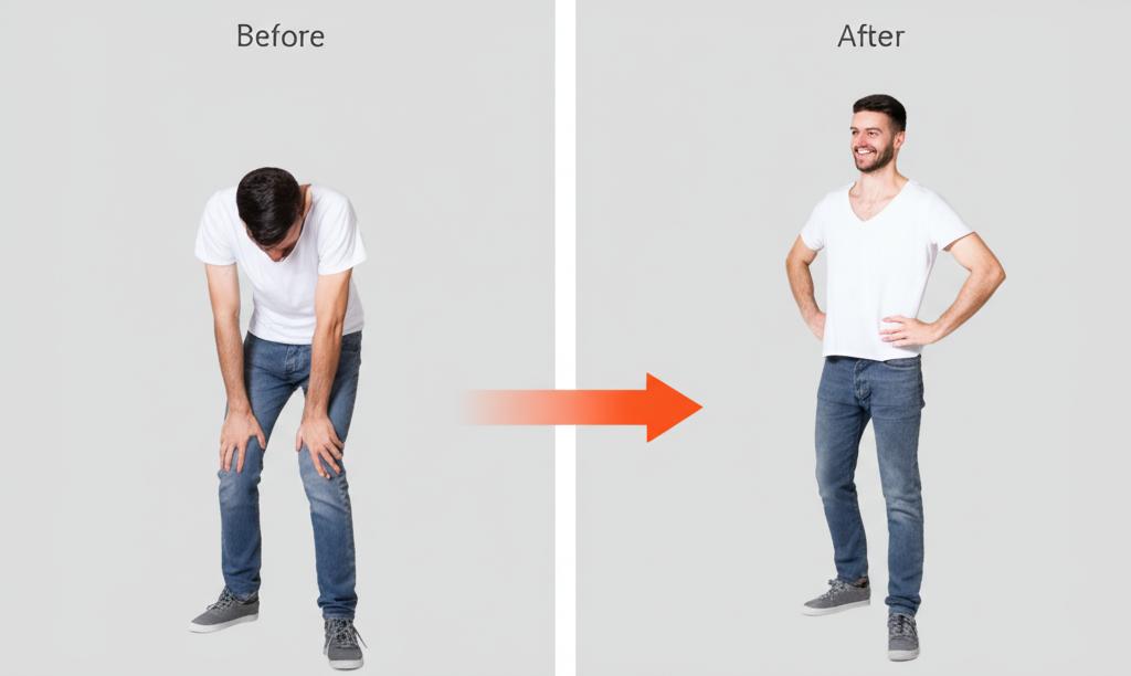 a split image showing a before and after transformation. On the left, a man looks tired and slumped over. On the right, the same man looks energetic and smiling, standing tall with good posture.
