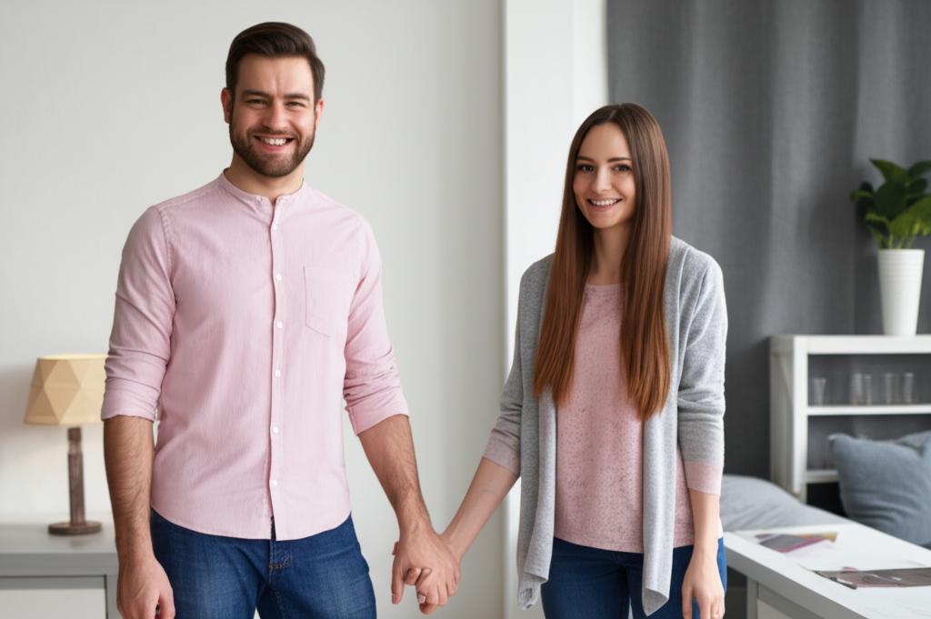 A couple smiling and holding hands in a cozy home setting, conveying happiness and restored intimacy, realistic style AI prompt