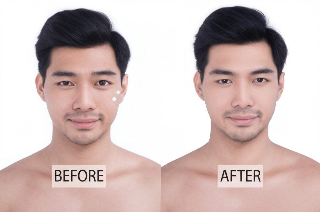 asian man before and after using energy cream, looking more energetic