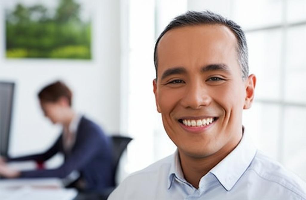 Photo of a smiling, energetic man in an office setting, looking productive
