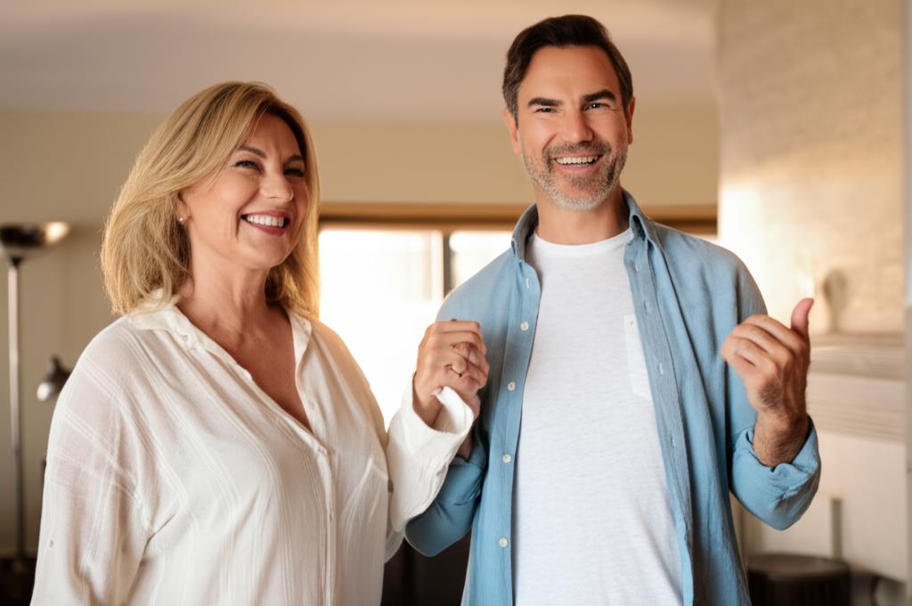 Smiling middle-aged man holding hands with partner, looking happy and confident, warm lighting, realistic photo