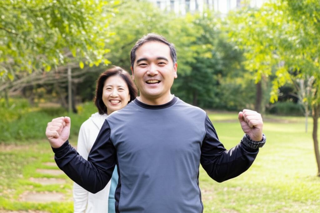 A man smiling and looking energetic, standing in a park with his wife.