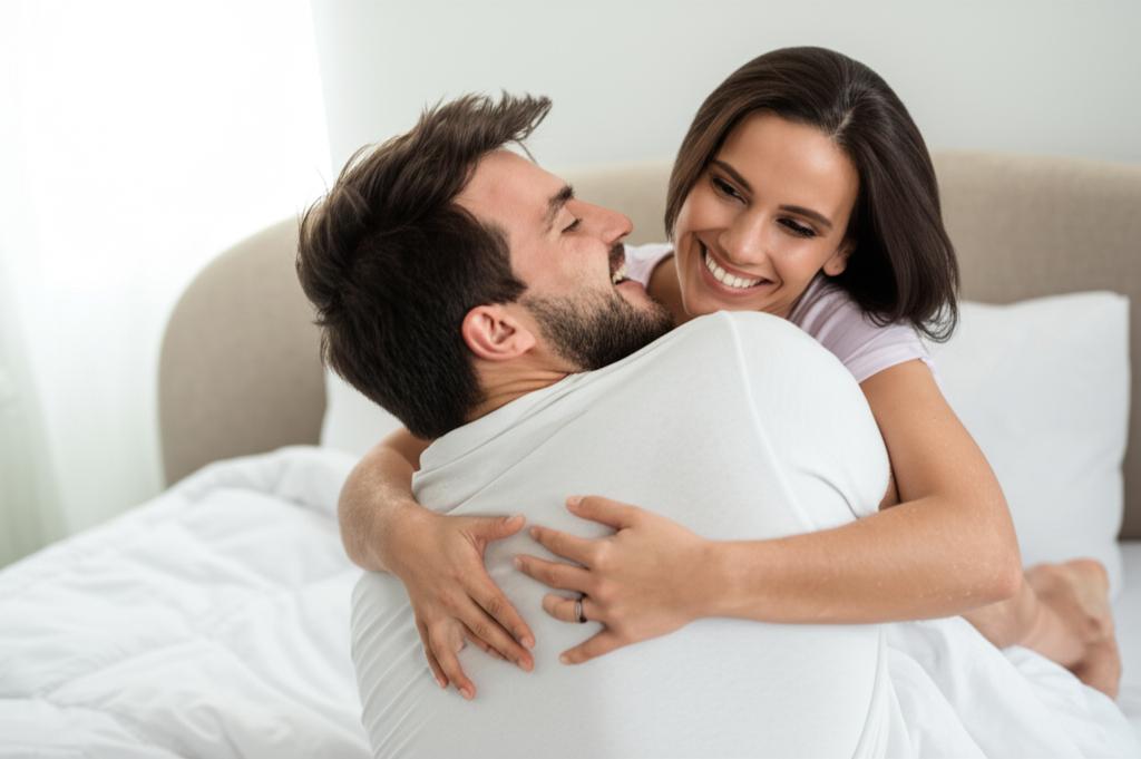 A happy couple embracing each other in their bedroom.