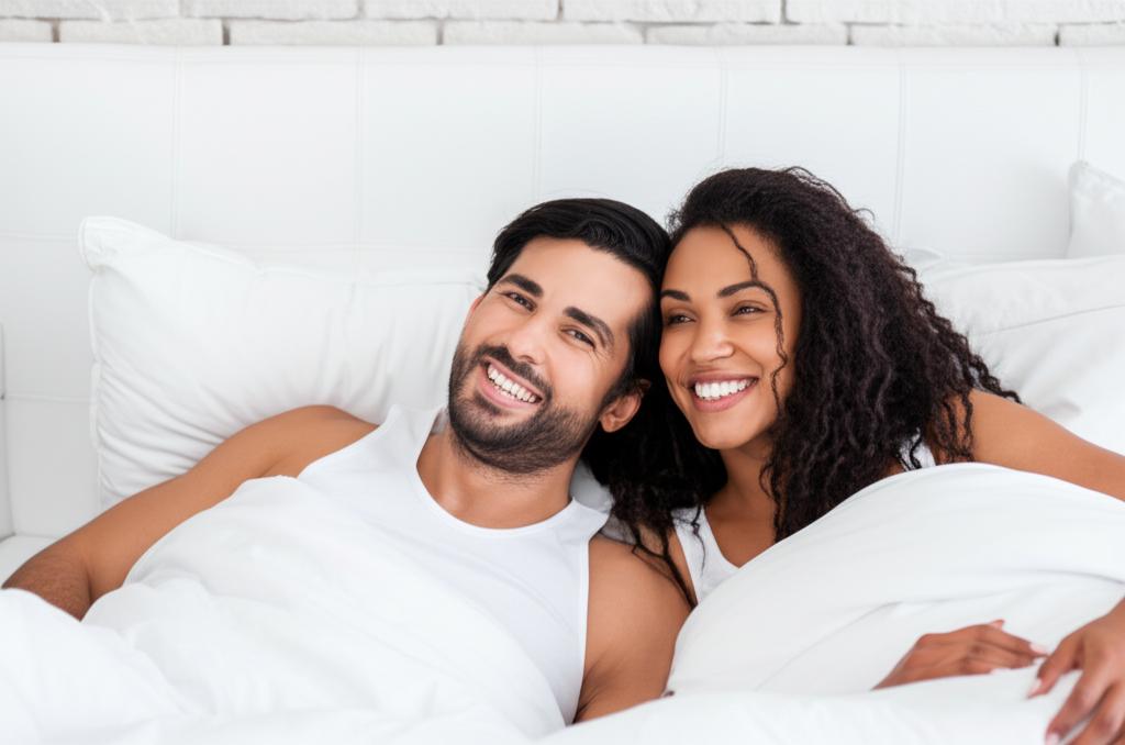 Happy couple in bed, smiling and relaxed