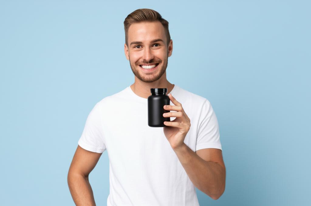 a man smiling confidently, holding a bottle of supplement pills