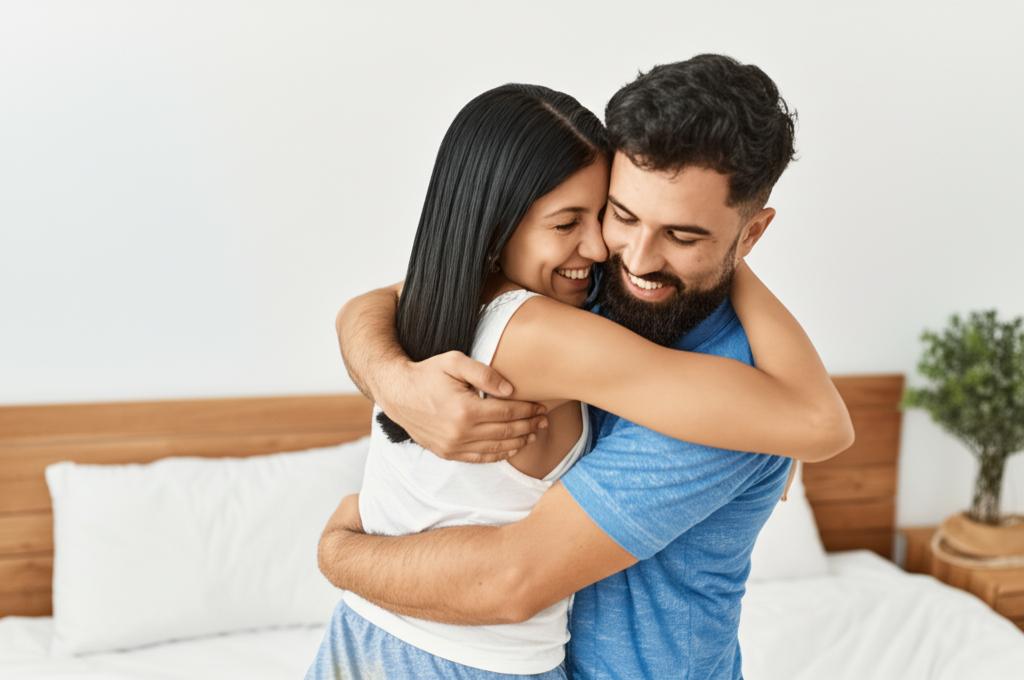 A happy couple hugging each other in their bedroom.
