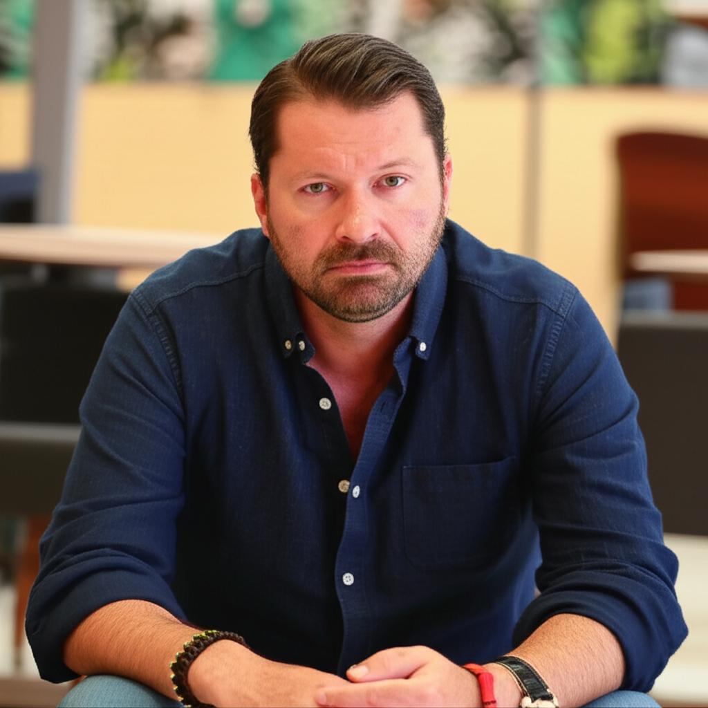 Middle-aged man looking thoughtful and slightly concerned, sitting alone, realistic photo
