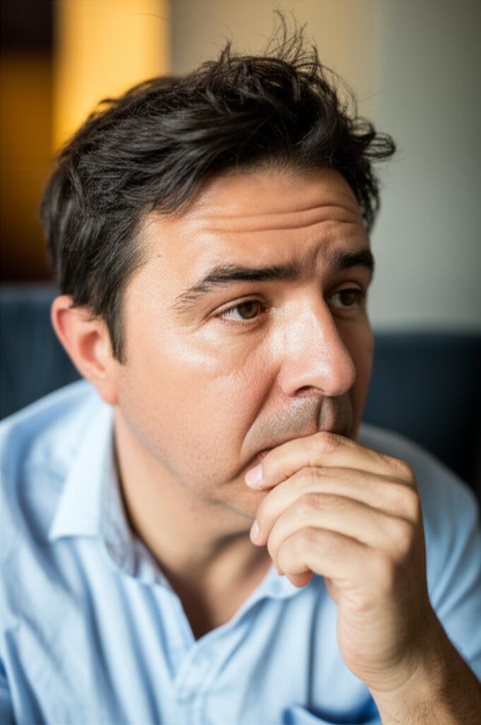Man feeling discomfort after intimacy, thoughtful expression
