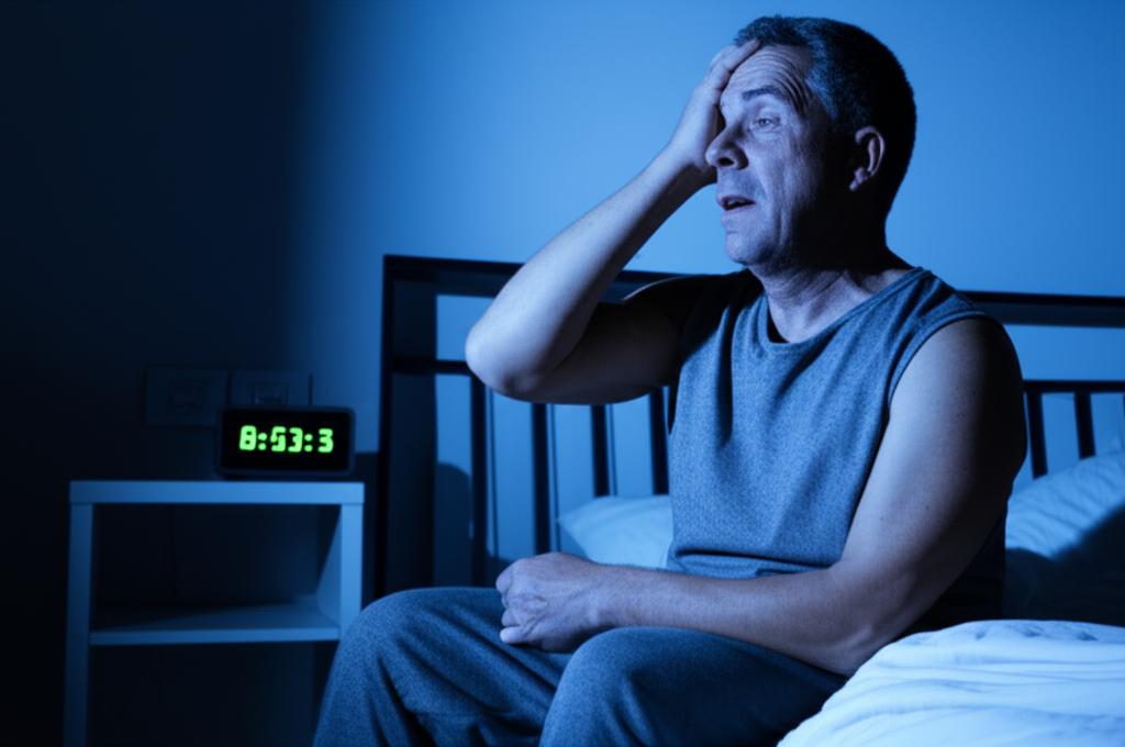 Man waking up at night to urinate, looking tired