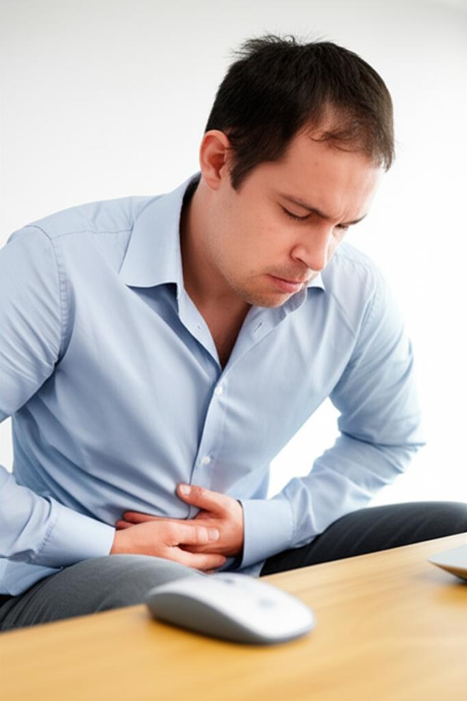 man sitting at desk feeling discomfort in lower abdomen