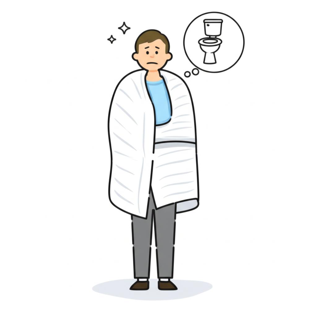 illustration of a worried man feeling cold and needing to urinate frequently