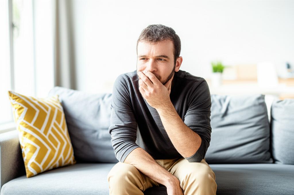 Man looking frustrated about frequent bathroom trips