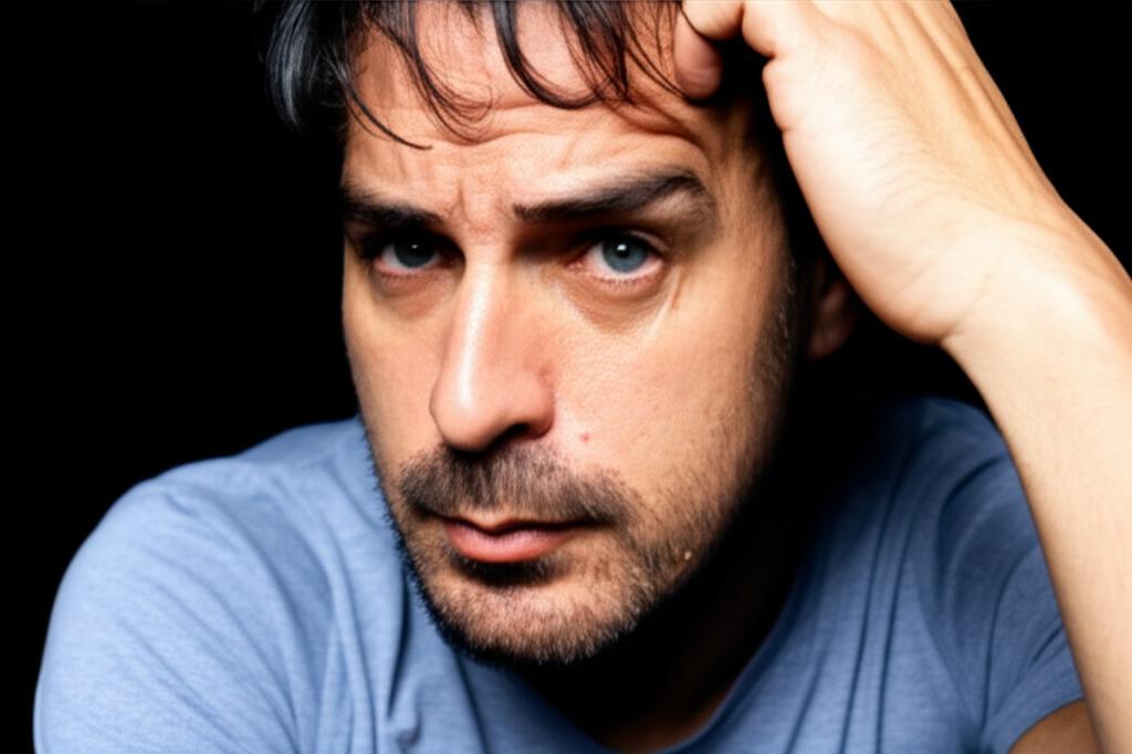 man looking stressed and tired, thinking about sexual performance, dark colors