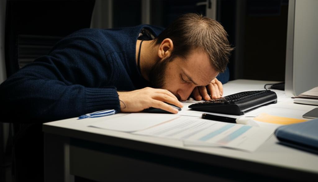 tired man at desk after night