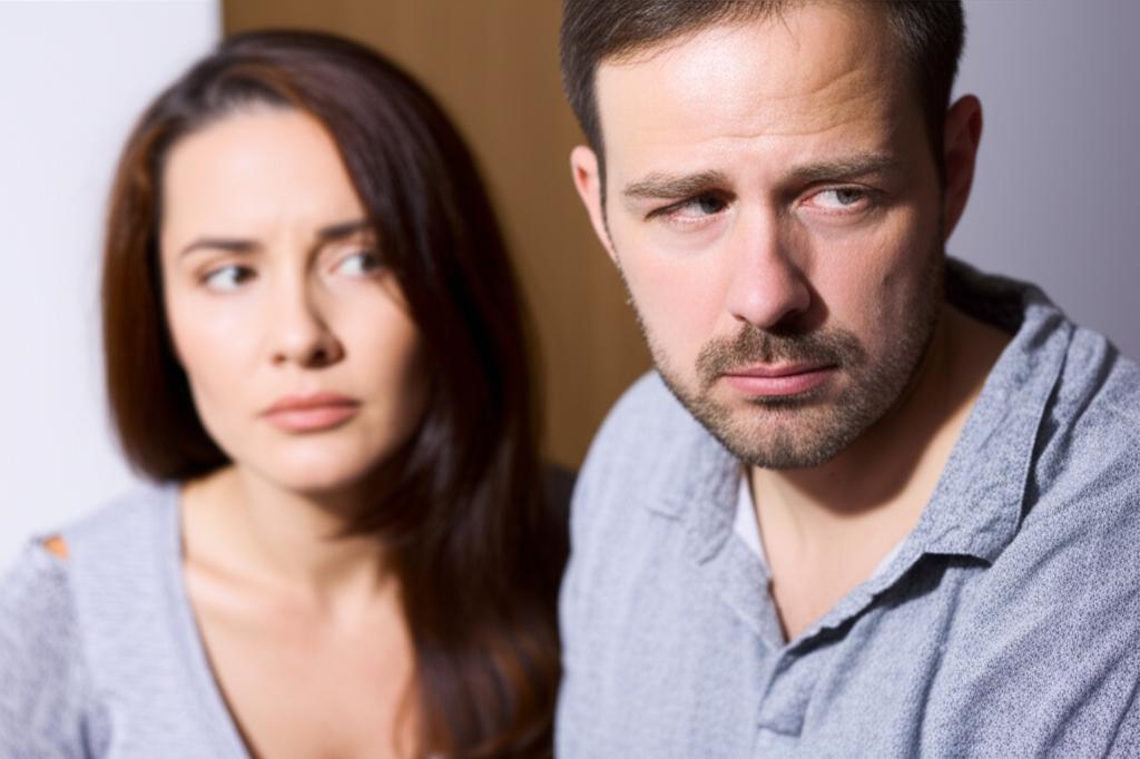 A man looking tired and thoughtful after intimacy, with his partner looking concerned in the background. Emotional tone.