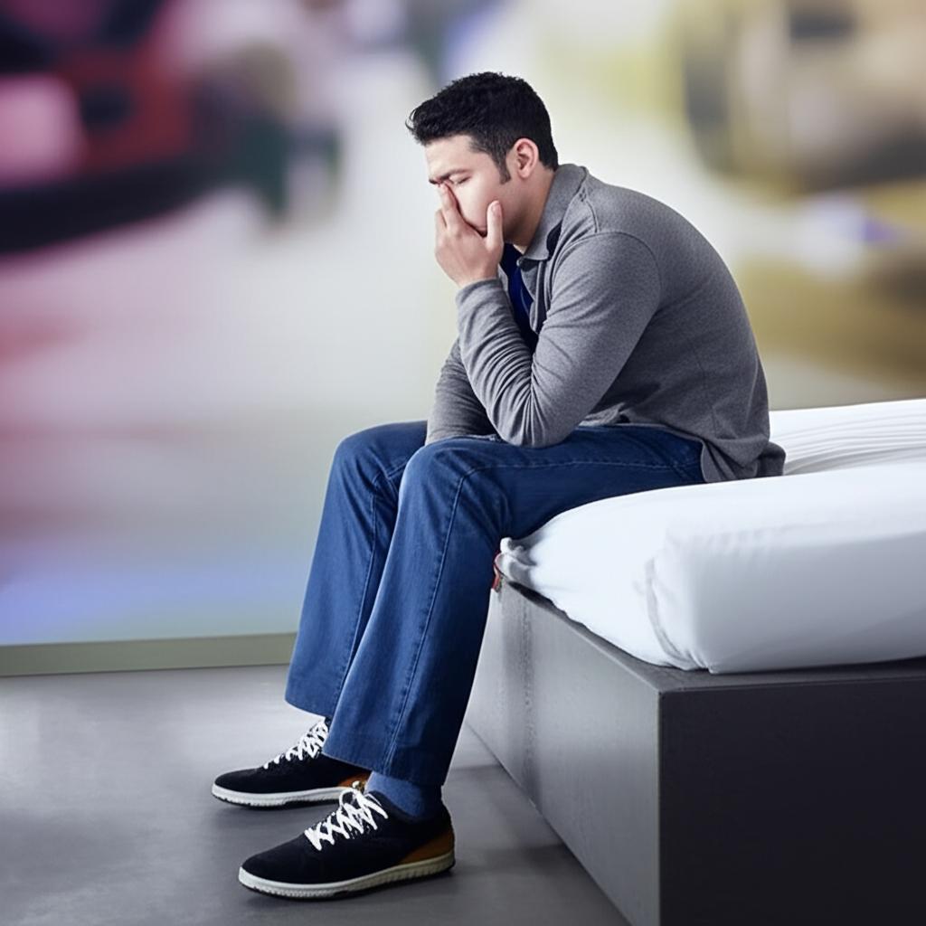 Man sitting on a bed, looking tired and thoughtful, with a blurred background of a busy lifestyle
