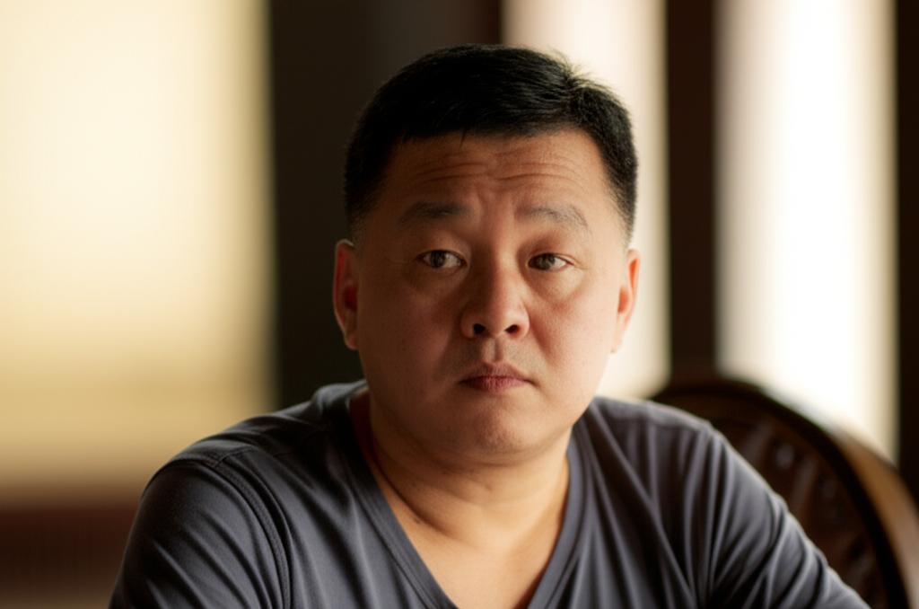 Middle-aged asian man looking thoughtful or slightly frustrated, sitting alone, soft lighting, contemplating options