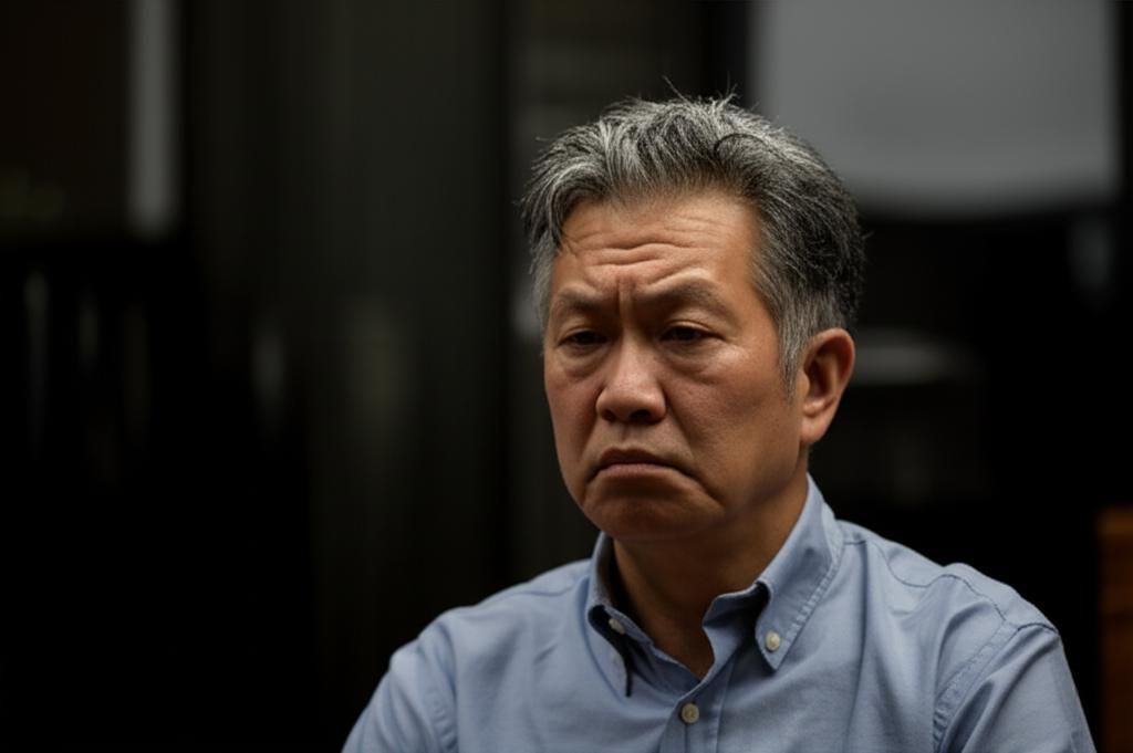 ai prompt: A middle-aged Asian man looking tired and stressed, sitting alone, low light, realistic photo