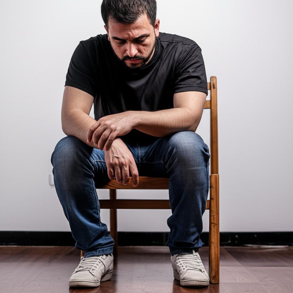 Frustrated man sitting alone, feeling defeated